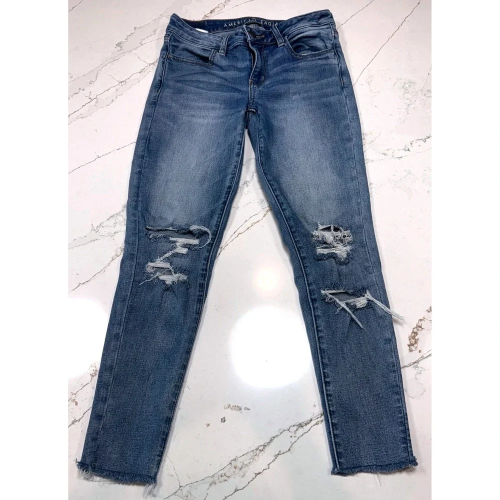 American Eagle Super Stretch Jeggings Womens 4 Short Distressed Medium Wash Blue